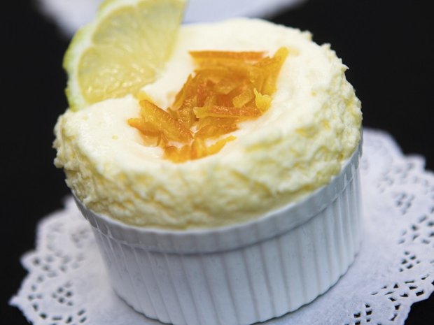 Semolina soufflé with rhubarb and blood orange compote