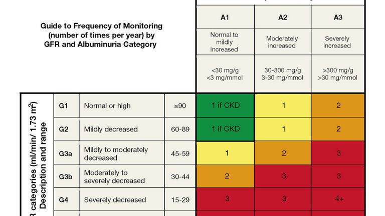 [Translate to COM English:] GFR and albuminuria grid to reflect the risk of progression by intensity of coloring